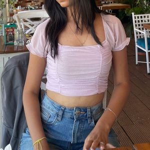 Sheer Sleeve Ruched Crop Top