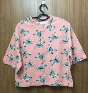 Lilo And Stitch Print Peach T-shirt for Women