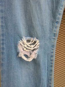 Y2K Beaded Ripped Blue Bootcut Jeans
