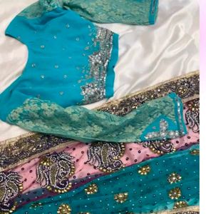Gorgeous Teal &amp; Pink saree with readymade blouse