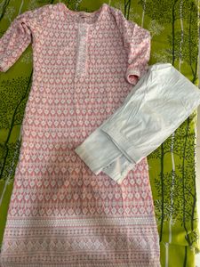 Pink Chikankari Kurta with White Pants