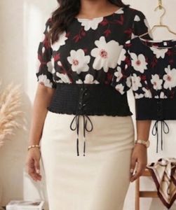 Floral Print Crop Top with Lace-up Detail