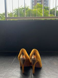 Mustard Suede Heels with Unique Heel Detail