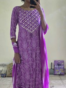 Purple Bandhani Kurta Set with Dupatta
