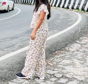 women beige botanical print co-ord set .