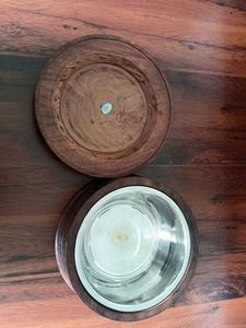 Hand Carved Wooden Casserole with Brass Inlay
