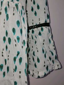 Elegant White ethenic dress with Green Drops Print