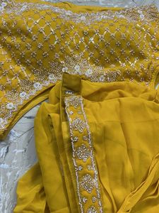 Stunning Yellow Embroidered Drape Skirt Choli Set