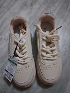 Cream Lace-Up Platform Sneakers