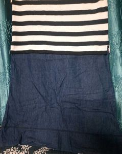 Denim Dress With Black And White Stripes