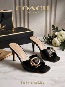 Black Heeled Mules with Gold Buckle