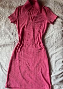 Hot Pink Ribbed V-Neck Dress