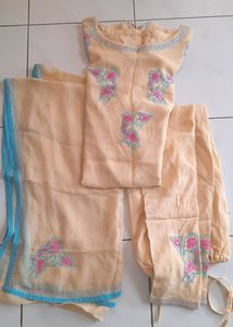 Cream Pure Silk Crepe Churidar Suit With Dupatt
