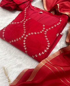 Vibrant Red Kurta Set with Gold Embroidery