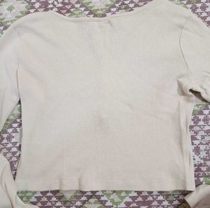 Cream Ribbed Henley Long Sleeve Top