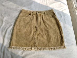 Tan Corduroy Mini Skirt with Fringe