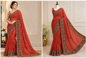 Red Rust  Embellished Saree