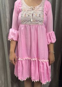 Embroidered Pink Flared Kurta