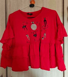 Cute Red Cat Ruffled Top