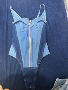 Denim Bodysuit with Zipper
