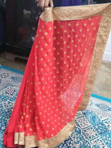 Red &amp; Gold Floral Saree Fabric