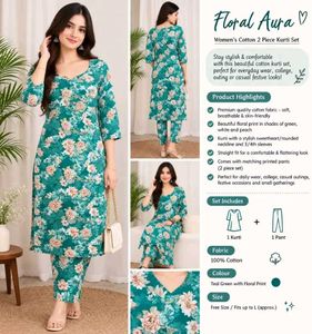Teal Green Floral Cotton 2PC Kurti Pant Set | Bran