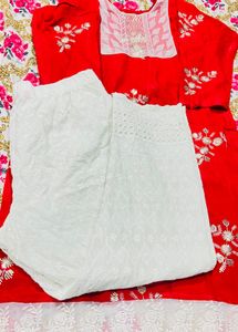 Red &amp; White Chikankari Kurta Set