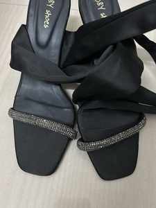Elegant Black Tie-Up Heels with Rhinestone Straps