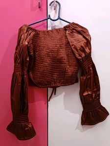 Chic Brown Satin Tie-Front Crop Top