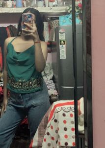Chatpata90s Elegant Green Embellished Halter Top