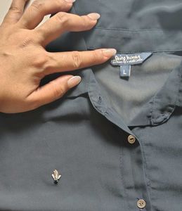 Chic Dark Blue Sheer Button-Up Top