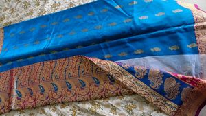Blue Silk Saree with Peacock Design