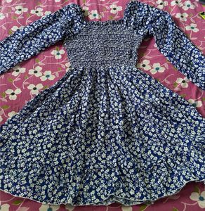 Blue Floral Smocked Midi Dress