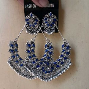 Exquisite Oxidized Silver Blue Stone Jhumka Earrin