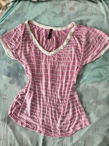Cute Pink Striped 'Love' V-Neck Top