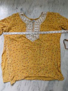 Yellow Floral Kurta with Embellished Neckline