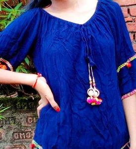 Boho Blue Top with Pom-Poms