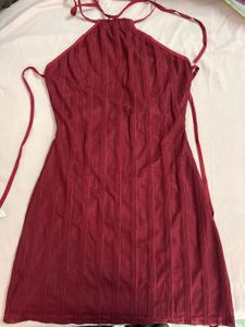 Burgundy Mesh Halter Dress