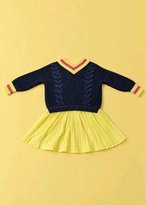 NAVY BLUE KNIT TOP WITH LEMON YELLOW PLEATED SKIRT