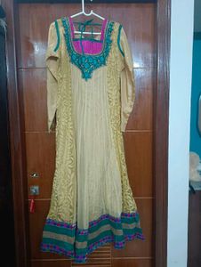 Elegant Embroidered biege golden Anarkali Kurta
