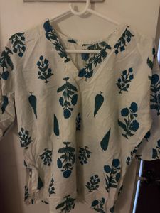 White &amp; Blue Block Print Kurta