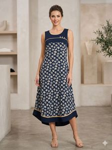 Navy Floral Sleeveless Midi Dress