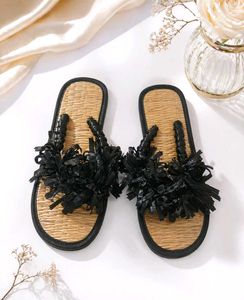 🧚‍♀️ Herbal Boho Luxe Raffia Slippers Black