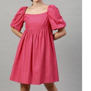 Chic Pink Puff Sleeve Square Neck Dress