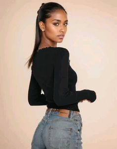Cute Black Lace Trimmed Long Sleeve Top