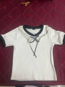 Cute Bow Neck White Top