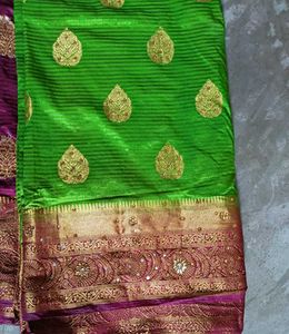 Vibrant Green Saree with Rich Border &amp;ready Blouse