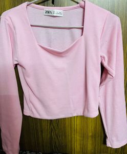 Zara Pink Ribbed Square Neck Long Sleeve Top
