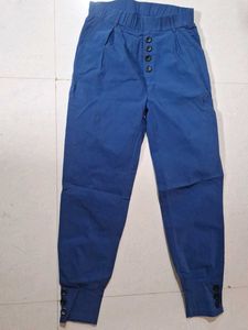 Blue Pleated Button-Up Cropped Pants for girls