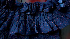 Smocked Off-Shoulder Navy Polka Dot Top